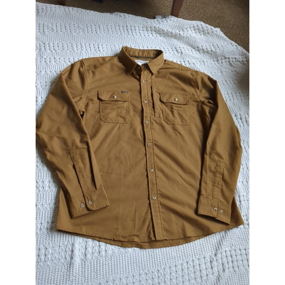 Poncho Flannel Slim Fit Magnetic Button Down Long Sleeve Shirt Brown Sz XL